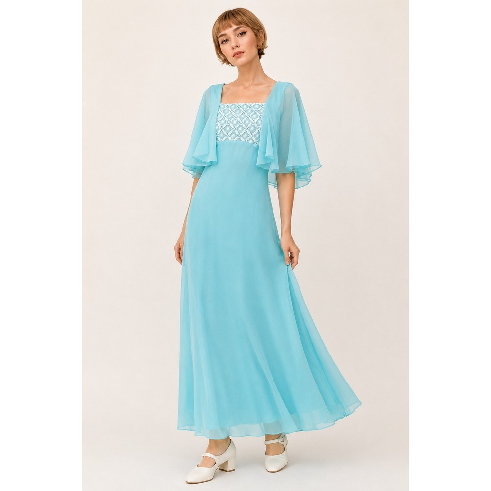Vintage Miss Rubette Blue Chiffon Cape Embroidered Lace Maxi Dress 16 Mod Twee